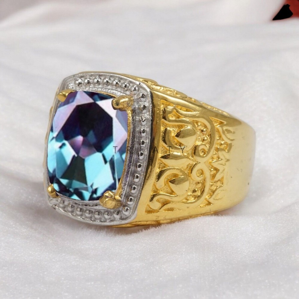 Alexandrite Cushion Cut With 14K Solid   Gold  Ring For Men's #586