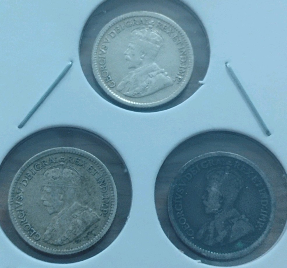 Three 1917 Canada 5 Cent .925 Sterling Silver Coins