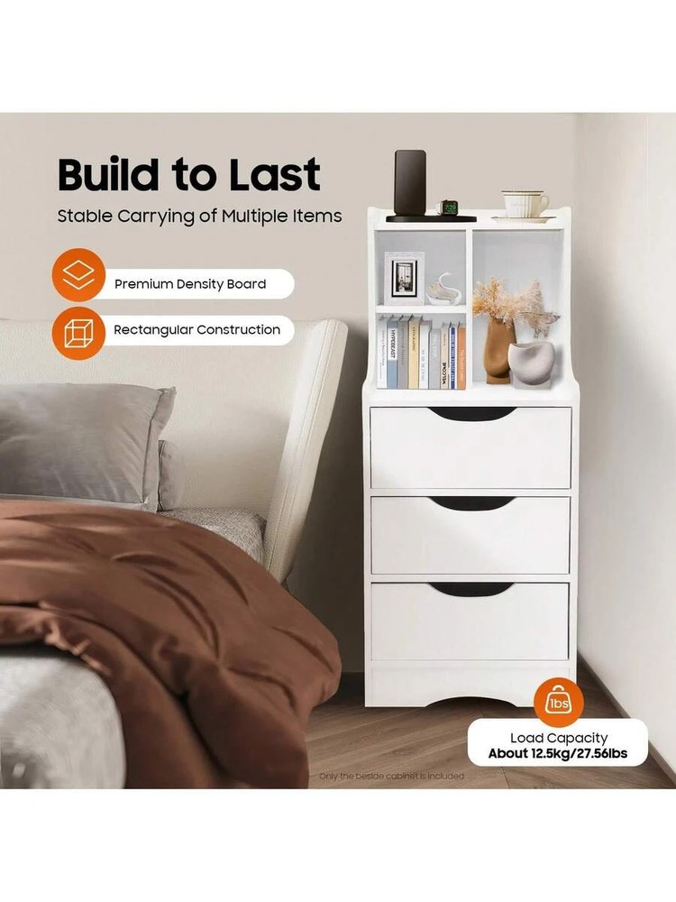 Modern White Bedside Table With 3 Drawers & Storage Shelf, Sturdy MDF Nightstand