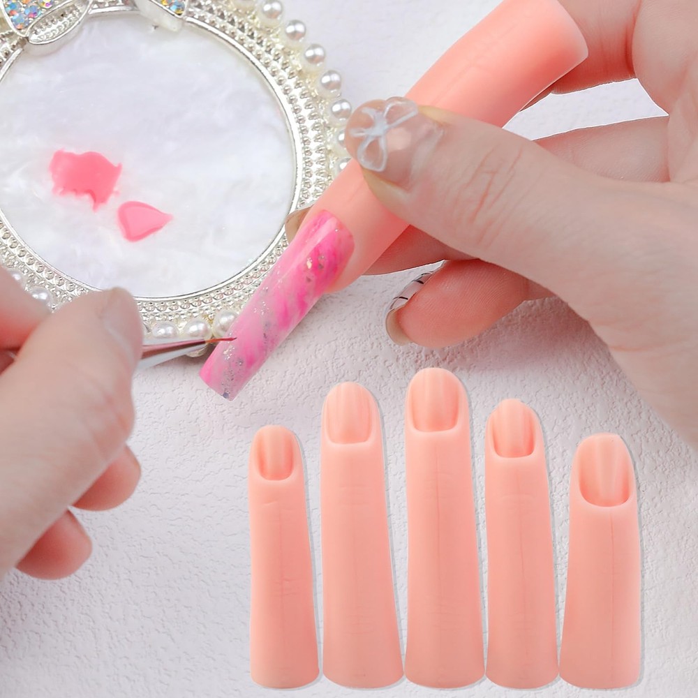 5 Pcs Practice Hand Fake Nails Kit, Silicone False Finger Pink