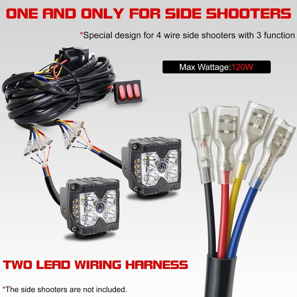 12V 4 Wire LED Side Shooter Pods Wiring Harness Kit with 3 On/Off Switches fo...
