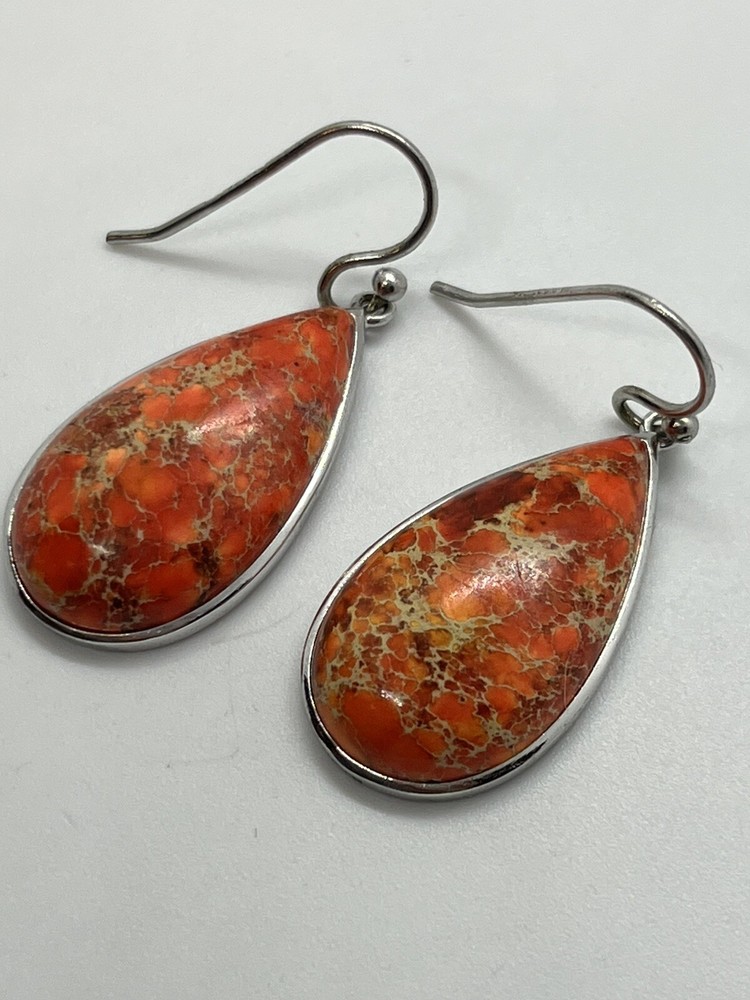 Sterling silver teardrop dangle speckled jasper stone earrings