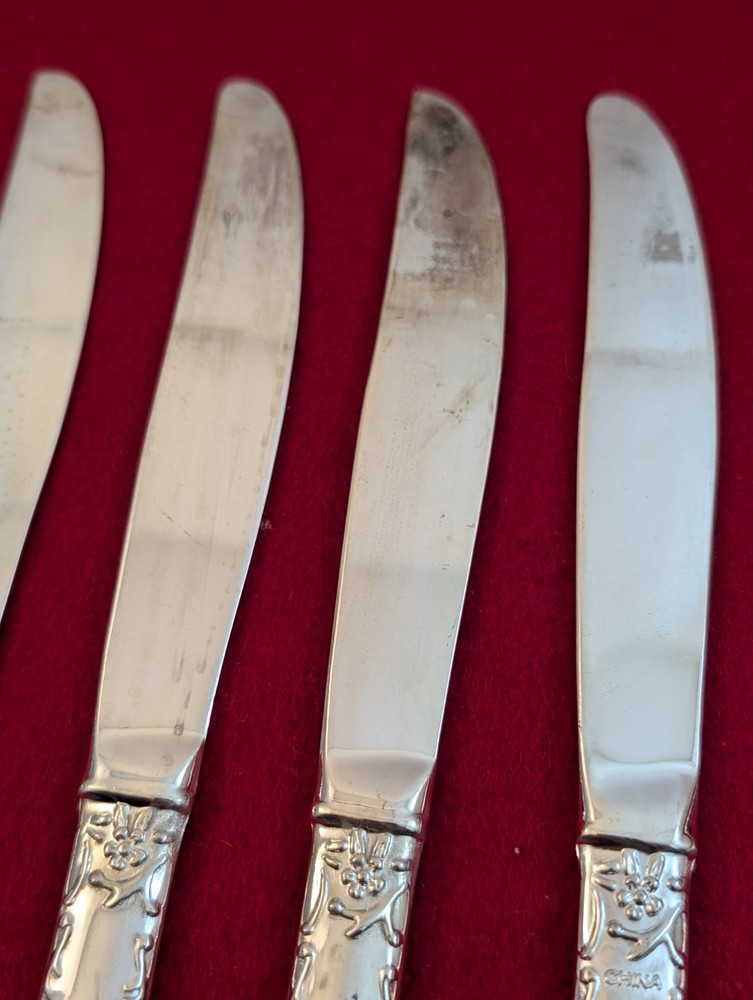 Set Of 6 Enchanted Rose Unmarked SilverPlate Solid Dinner Knives Flatware