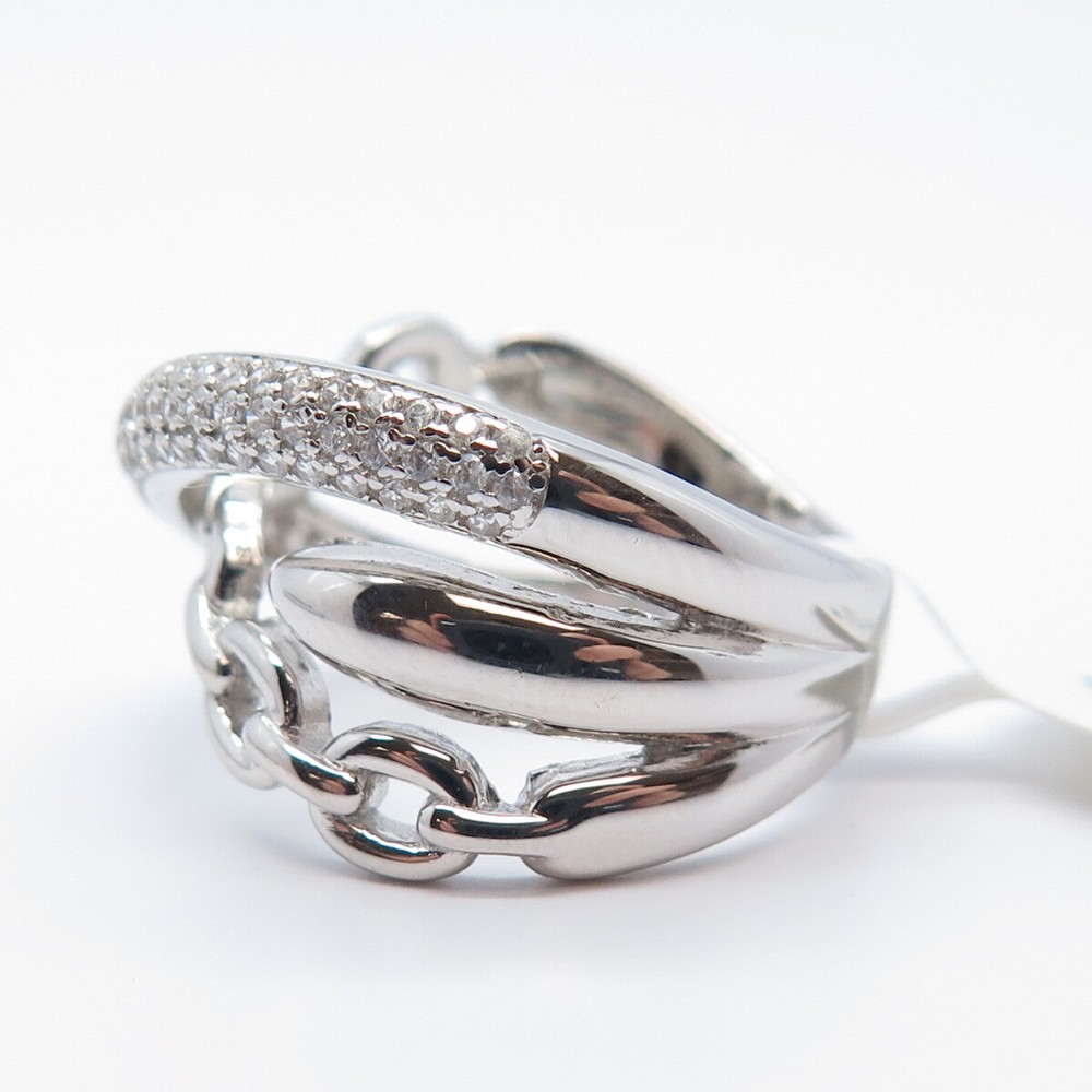 925 Sterling Silver Pave C Z Chain Crossover Ring Size 9