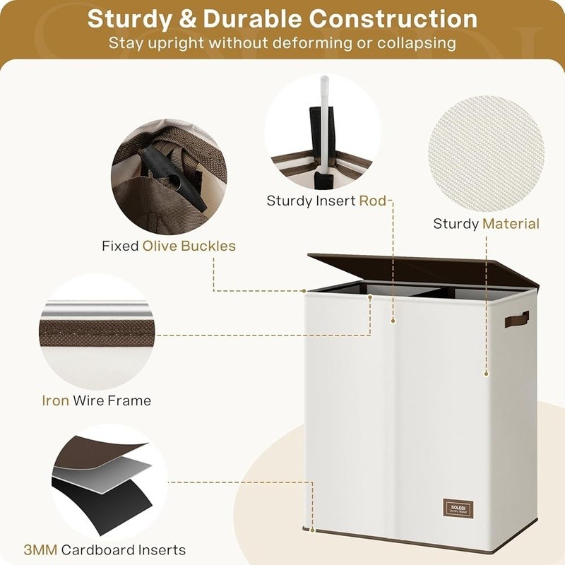 Durable 2 Section Laundry Hamper W/ Lid Removable Inner Bags Collapsible Design