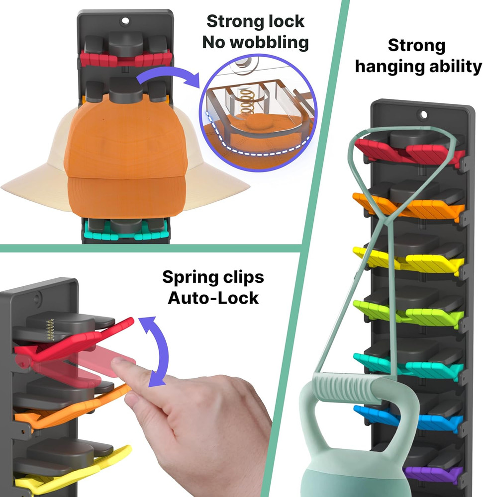 Hat Organizer for Baseball Caps 2 Packs with Built-In Spring Clips - Wall Mount