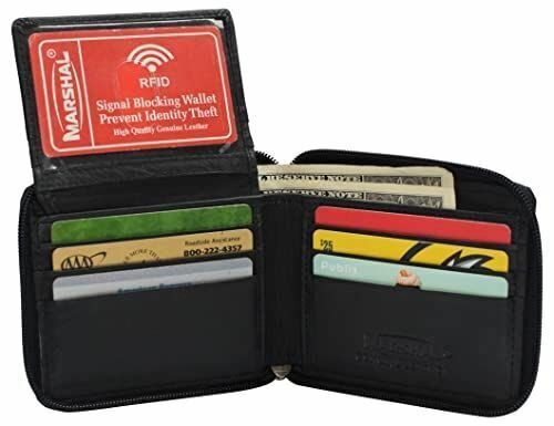RFID Blocking Mens Zip Around Wallet Cowhide Leather Zipper Bifold