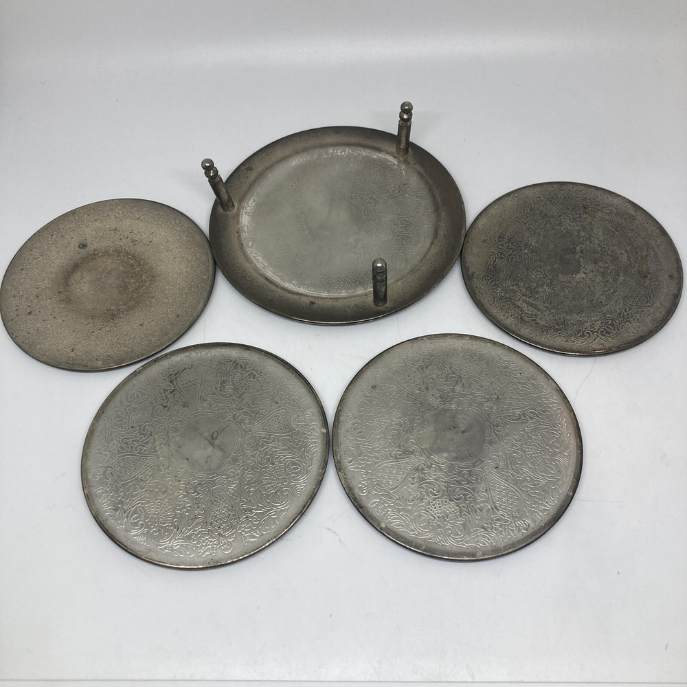 4 Embossed SilverPlate Antique Drink Coasters With Holder Unmarked.