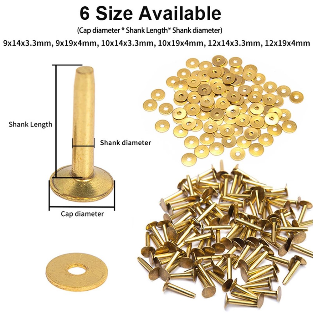 100 PCS Copper Rivets And Burrs Solid Brass Studs Leather Craft Decor 9x14mm