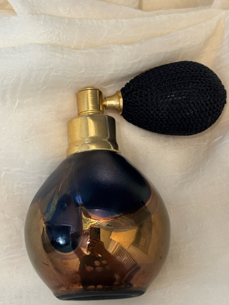 Studio Iridized Blown Glass Perfume Bottle w/Black Puffer Artist Signed & Dated