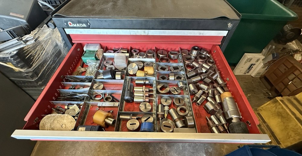 Amada Turret Punch Tooling, Punches, Dies, Misc Items And Tooling Cabinet.