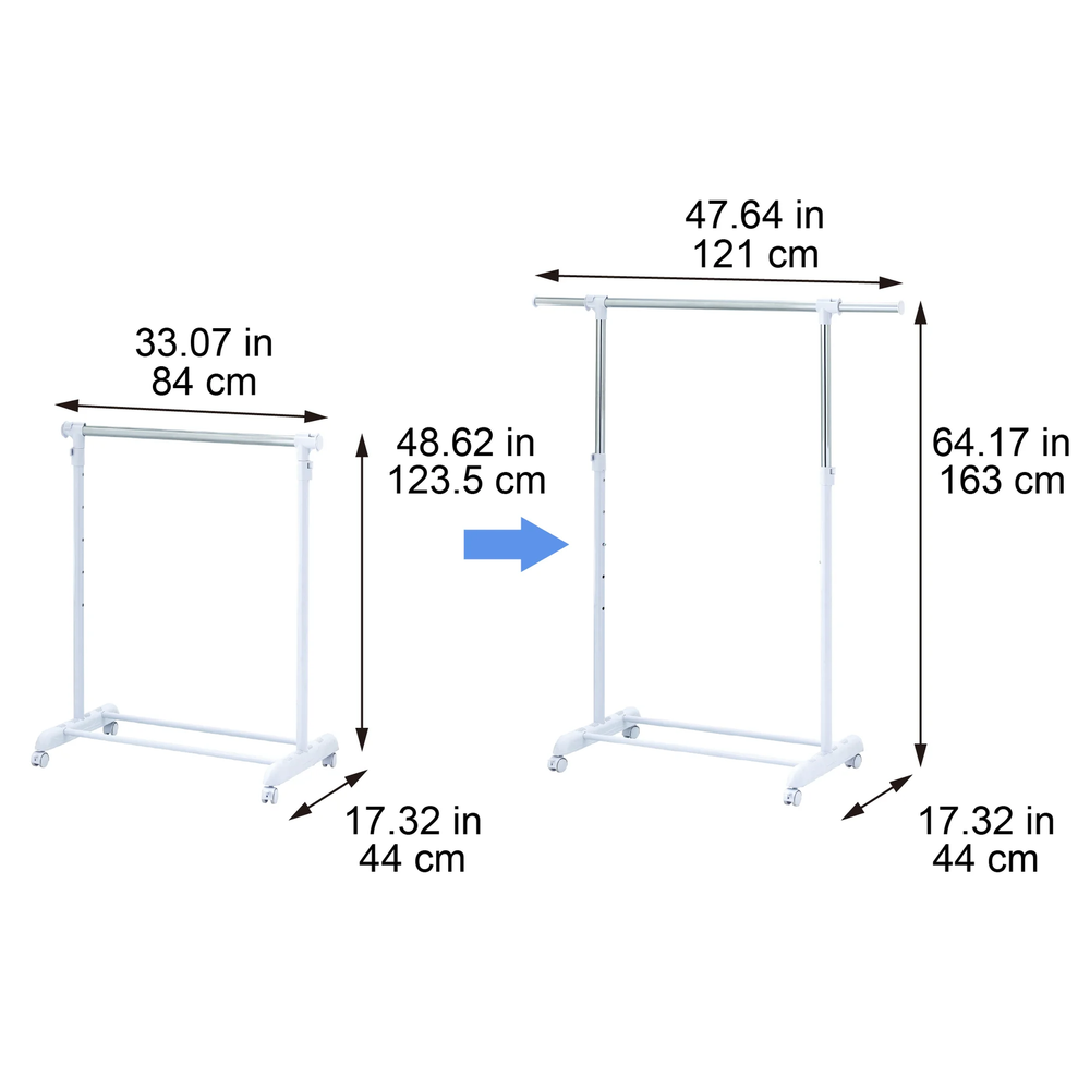 Adjustable Rolling Garment Rack, Chrome & White, Heavy Duty Clothes Organizer