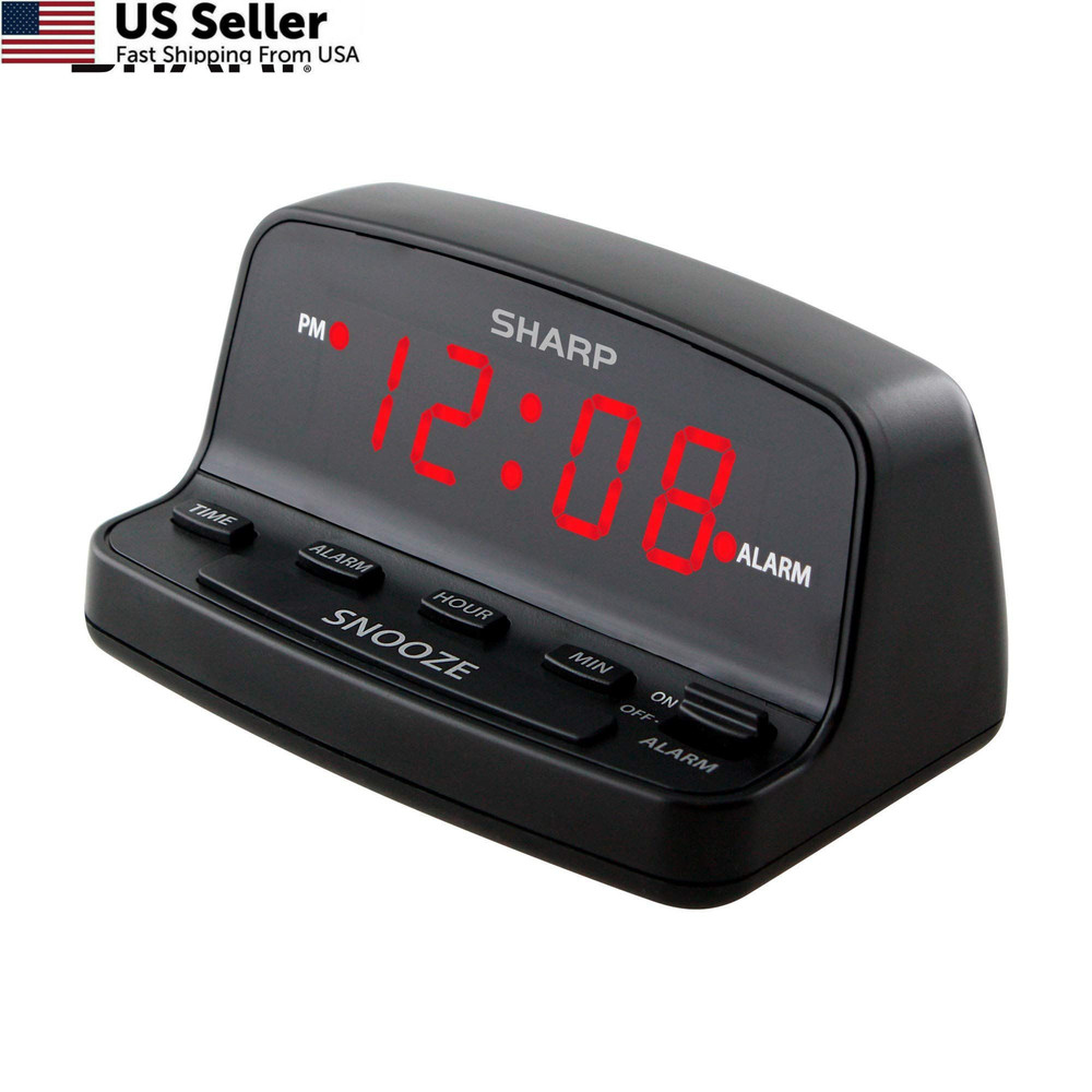Sharp Digital Alarm Clock Keyboard Controls Red LED Display Battery Backup Black
