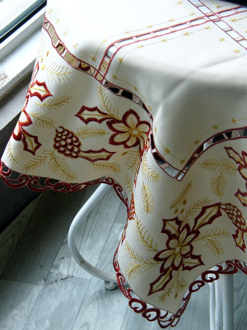Elegant Beige Embroidered Polyester Square Tablecloth Xmas 33" Cutwork