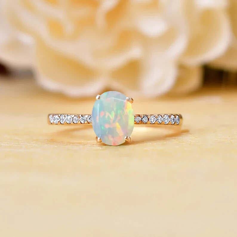 Ethiopian 10K Solid Gold Opal Ring Opal Wedding Engagement Ring Anniversary Gift