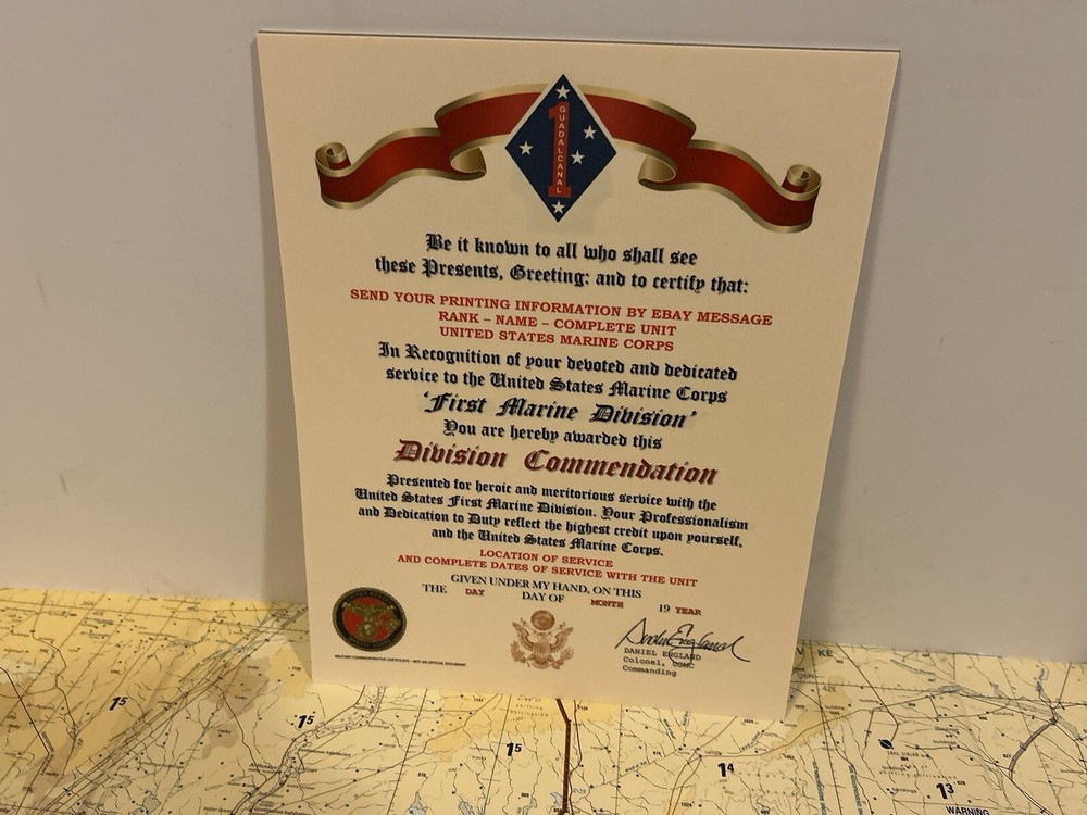 U.S.M.C. / FIRST MARINE DIVISION ~ DIVISION COMMENDATION REPLACEMENT CERTIFICATE