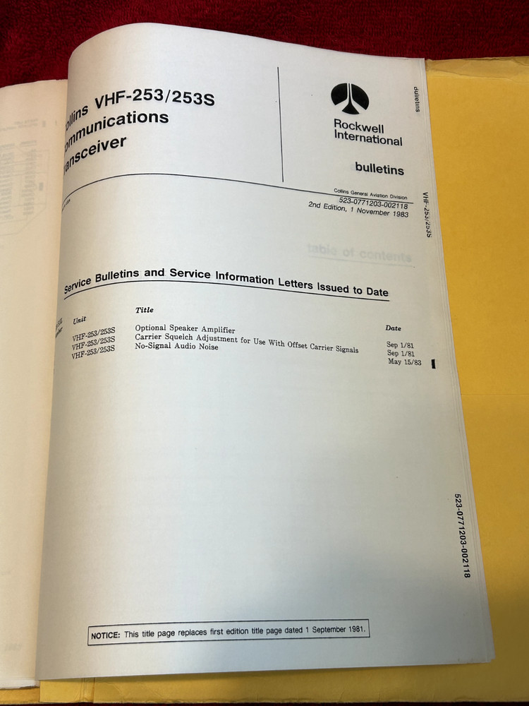 COLLINS VHF 253/253S COMM TRANSCEIVER INSTRUCTION BOOK