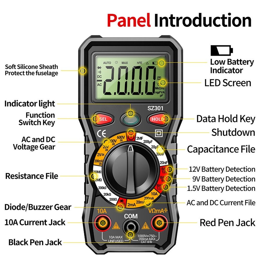 Digital Multimeter Auto-Ranging 600V 10A Measures AC DC Volt Amp Ohm Temp Diode