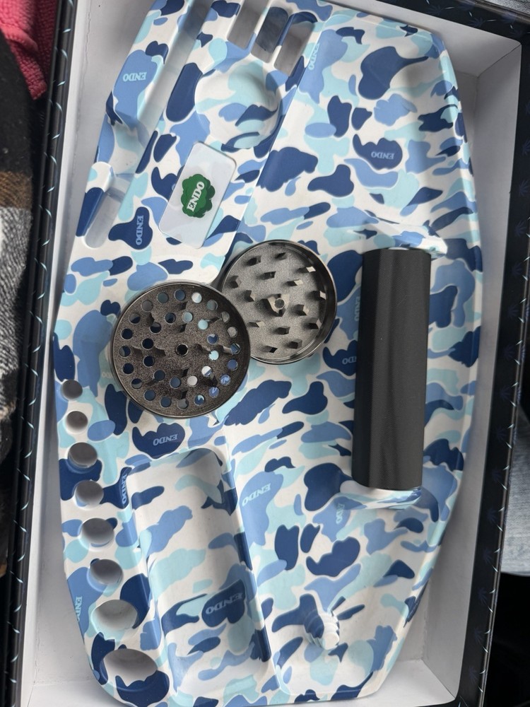 ENDO Premium Multi-Function Rolling Tray Blue Camouflage with Grinder