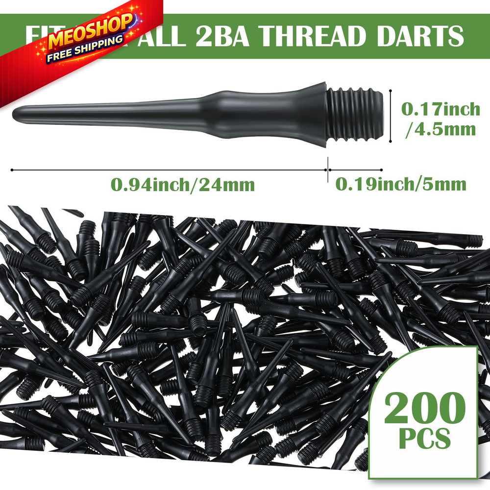 VioraWhite 200 Pack 2BA Thread Soft Tip Dart Points Plastic Replacement Black