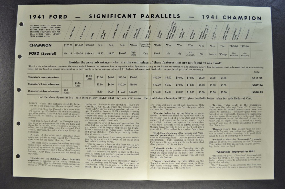 1941 Studebaker Tri-Tower Training Bulletin Champion vs Ford Excellent Original