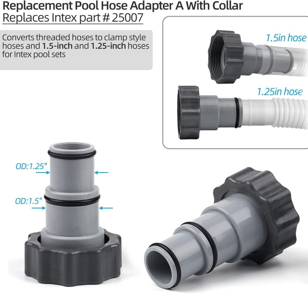 Pool Hose Adapter A with Collar for Intex Threaded Connection 1.25 Inch, Gray