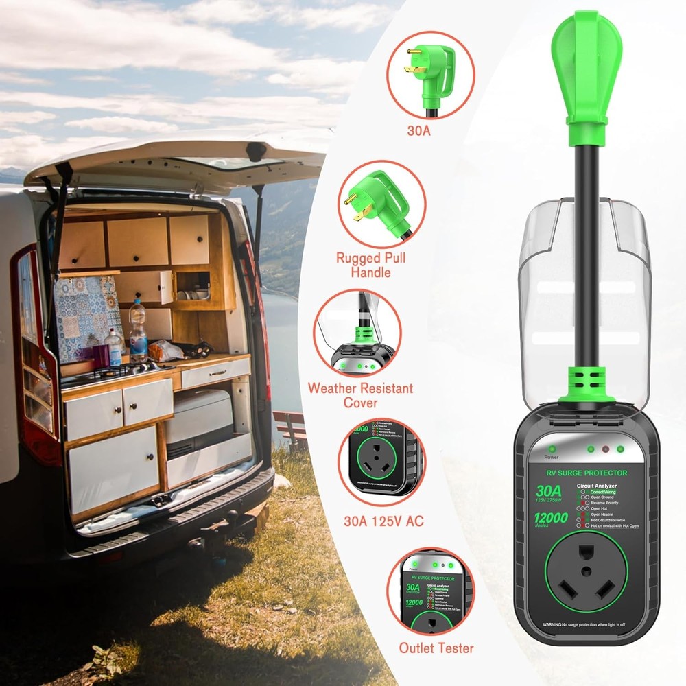 RV Surge Protector 30 Amp RV Circuit Analyzer (12000 J) With LED Indicator Light