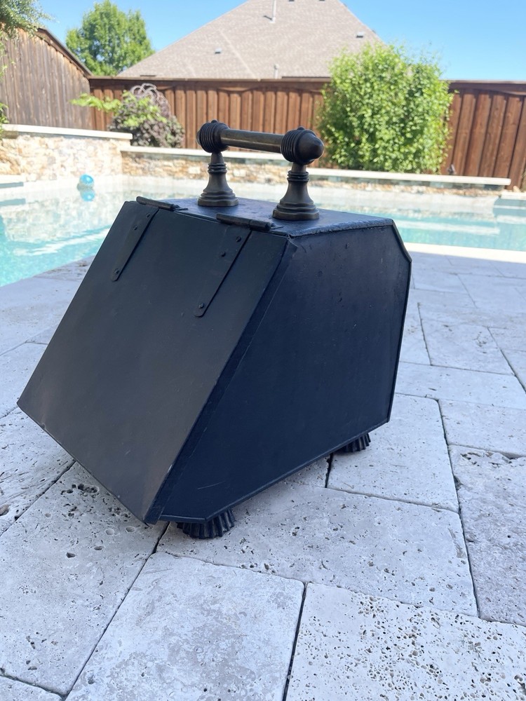 Antique Metal Coal Scuttle Ash Box Fireplace Bin w/ Brass Handle | Black