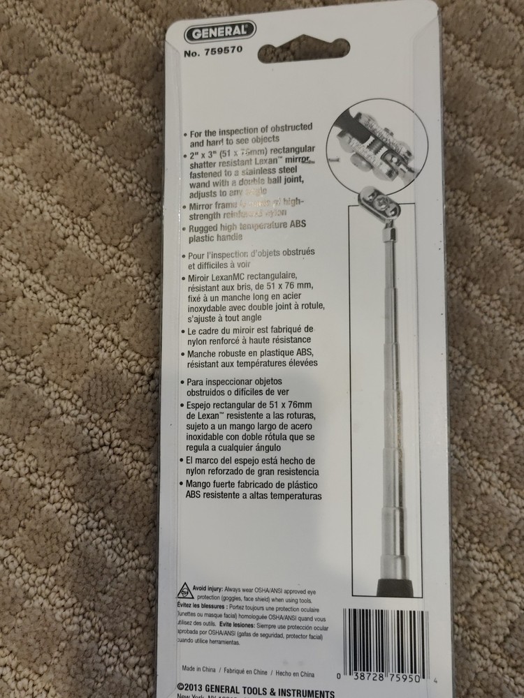 General Tools 759570 Rectangular Telescoping Mirror 2" by 3", 30" Handle