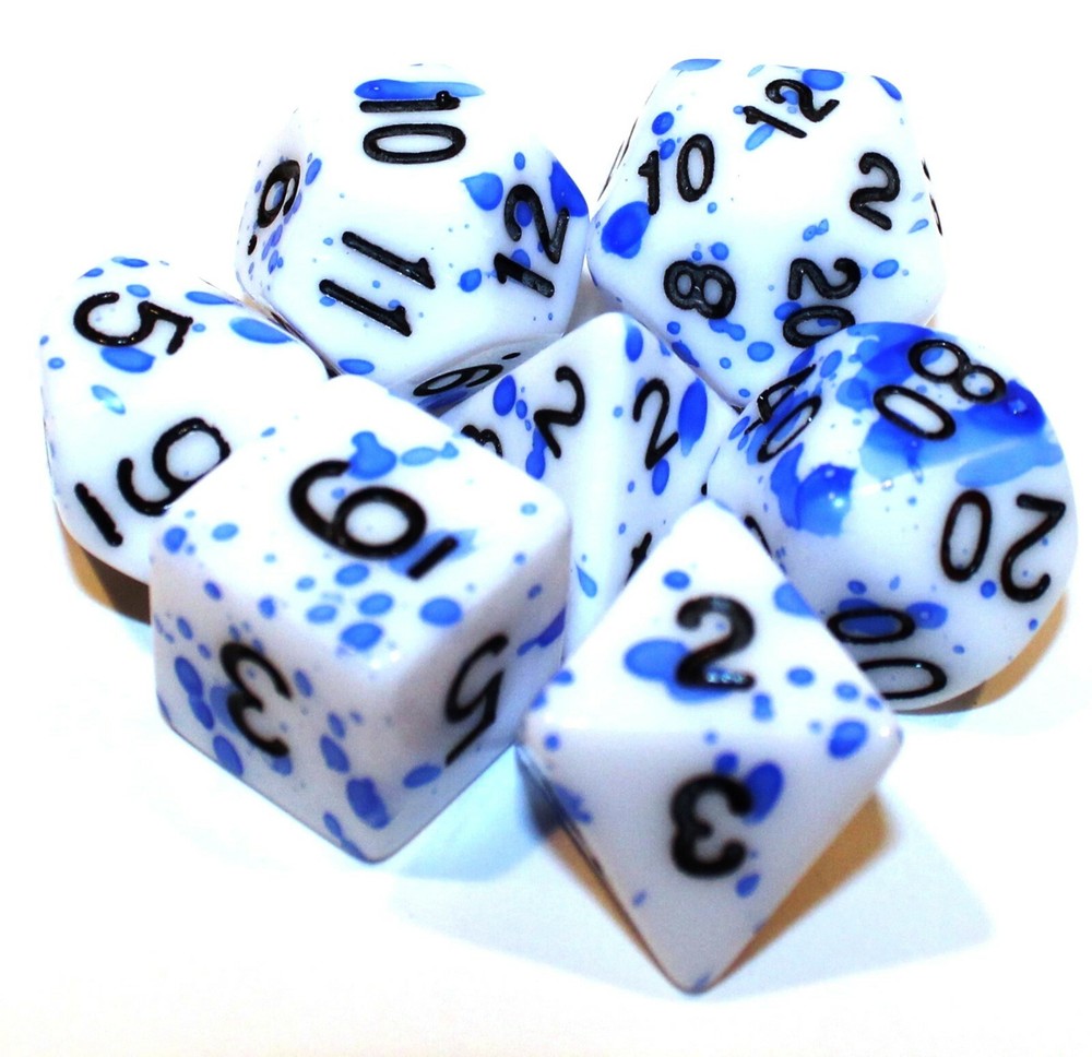 7 Piece Blue Splatter Polyhedral Dice Set w/ Blue Dice Bag - RPG D&D