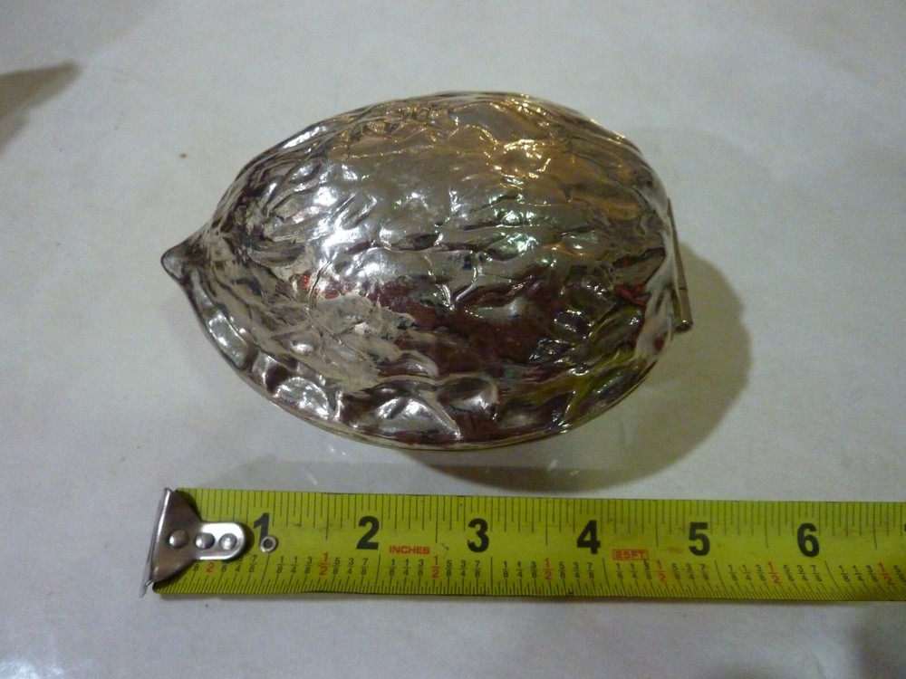 Vintage NUT CRACKER Silver Tone Metal Walnut Shaped Hinged 5”