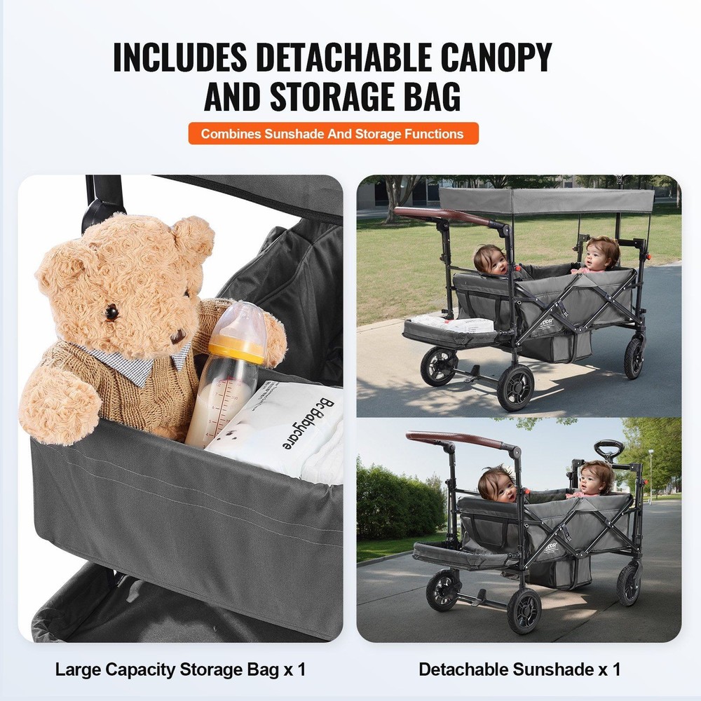 Adaptability Double Seat Stroller 55lb Load Folds Small for Storage Grey