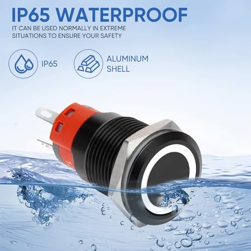 16MM Latching 12V Push Button Switch On Off,Waterproof Black Shell White LED