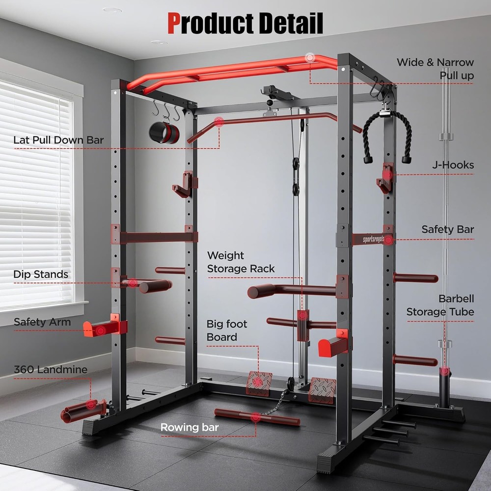 Power Rack, Multi-Functional Power Cage, Squat Rack with Pulley System