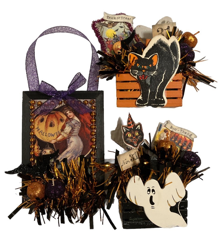 Handmade Vintage Halloween Decor Assemblage Set Victorian Ornament