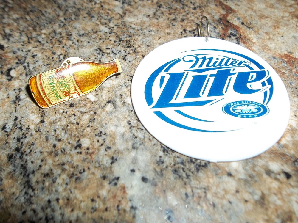 Budweiser Bottle Enamel Pin & Miller Lite Plastic Tag