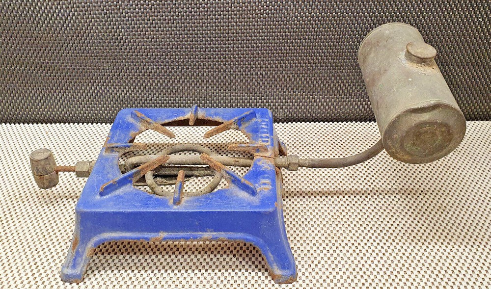 Vintage Matador Blue Enamelled Cast Iron Square Stove