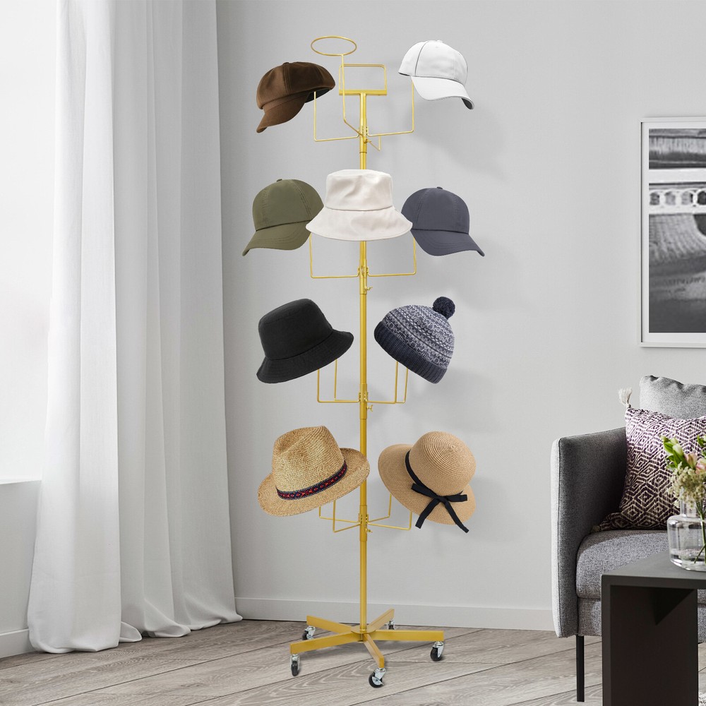 16-Hook Mobile Hat Rack Freestanding Hat Display Stand, Floor-Standing, Gold