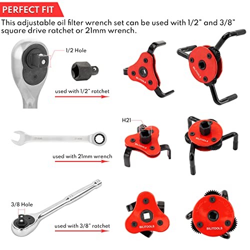 Adjustable Oil Filter Wrench – Universal Oil Filter Removal Tool, 1/2" Drive,