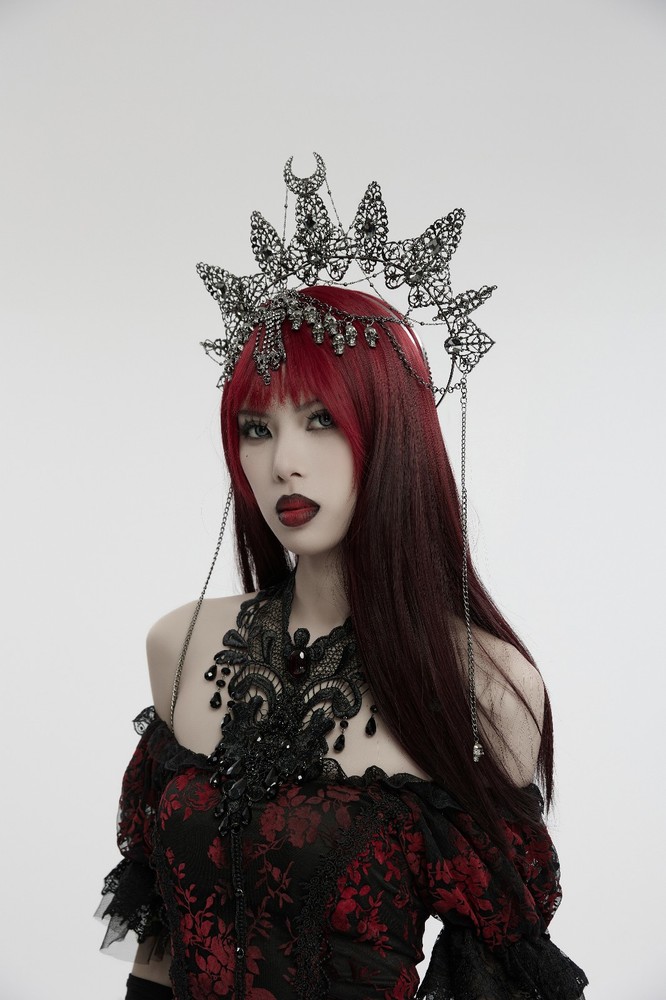 Gothic Moon Crescent Spiked Crown Headpiece with Beaded Fringe