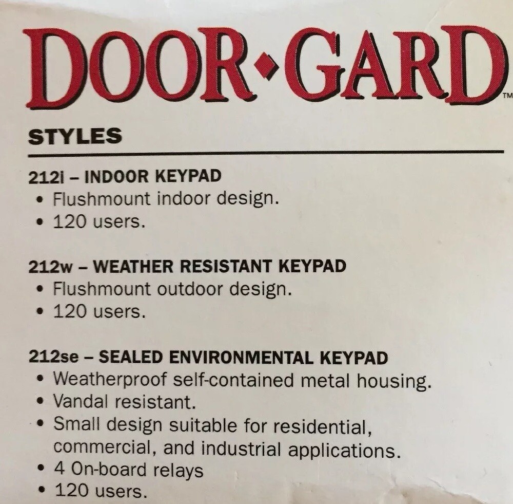 Door-Gard 212i Indoor Keypad Flushmount. 120 Users.