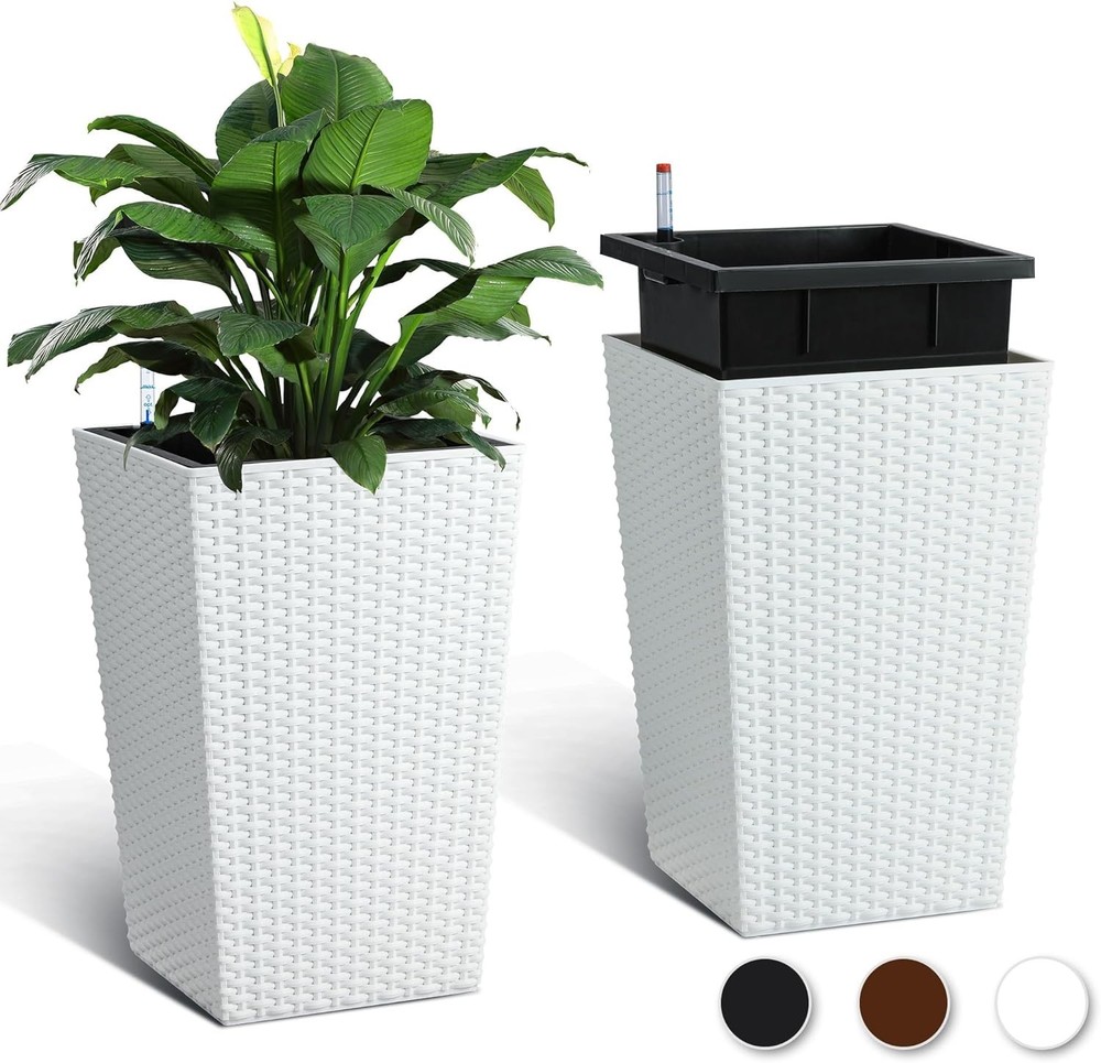 Tall Wicker Planter + Self-Watering Technology Smart Water Gauge Easy Mobility