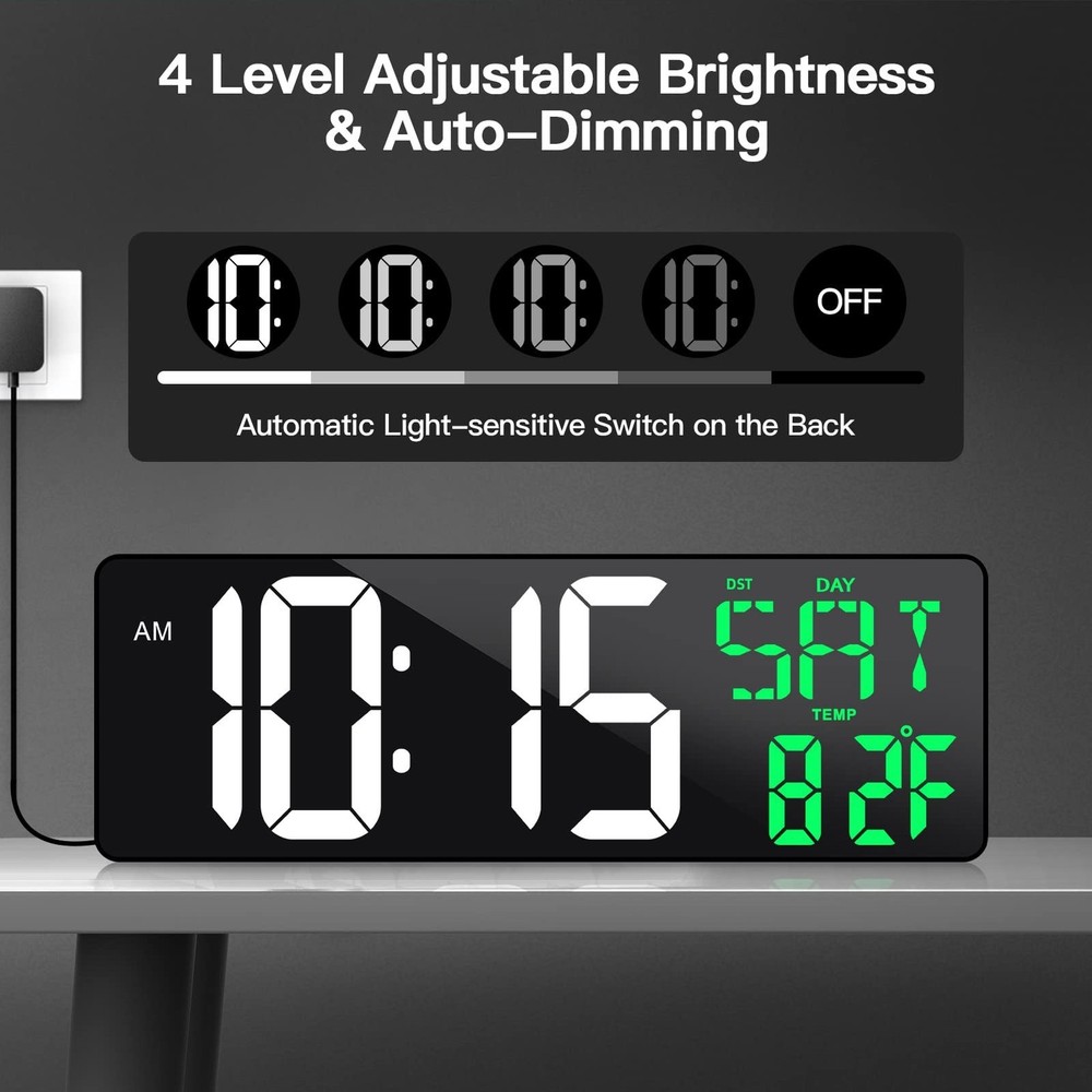 17 Inch Large Digital Wall Clock with Remote Control, Automatic Brightness Di...