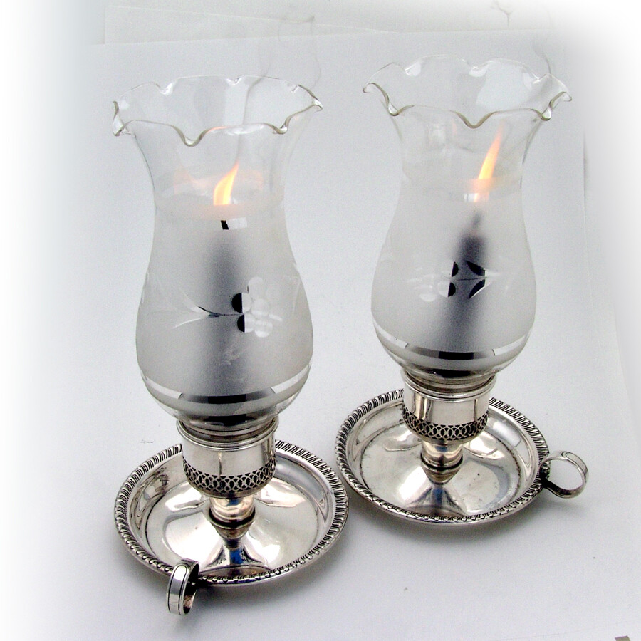 Gadroon Chambersticks Pair Sterling Silver Glass 1940s
