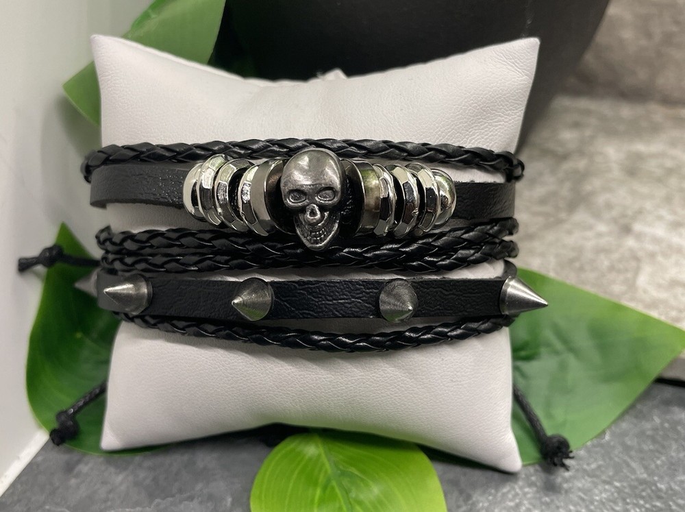 2 PC Leather Bracelet Stackable Adjustable Tie Free Ship Skull B3276