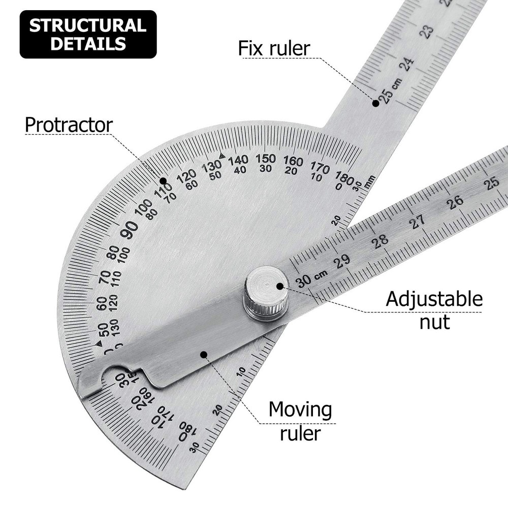 Angle Protractor Ruler Stainless Steel 0-180 Degree