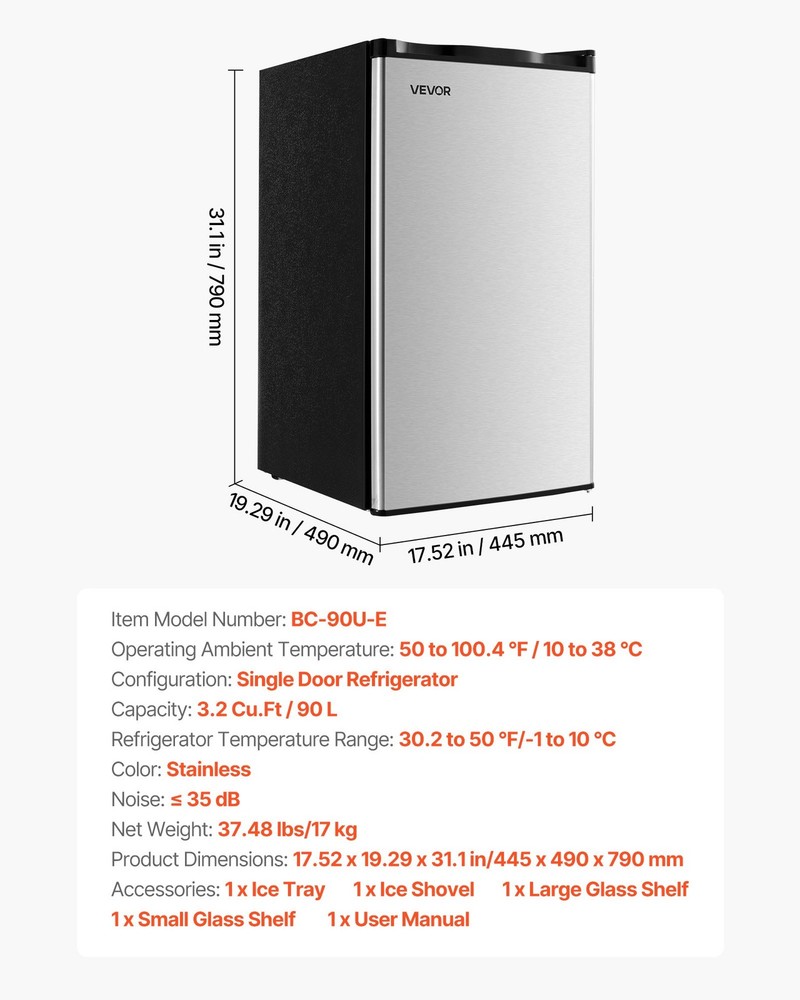 Mini Fridge 3.2 Cu.Ft Single Door Compact Refrigerator Adjustable Temperat