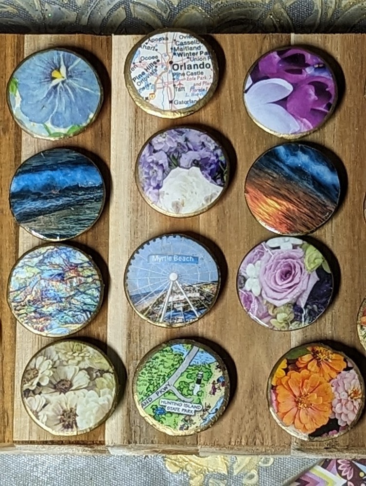 Handcrafted original Decoupaged Magnets: Maps, Florals, Nature