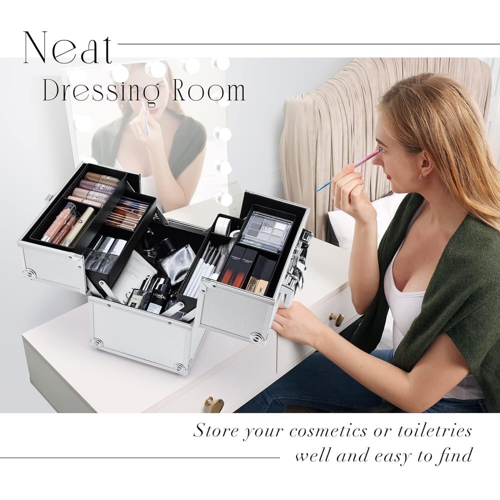 Portable Makeup Train Case with Lockable Storage - 4-Tier Trays - Bright Silver