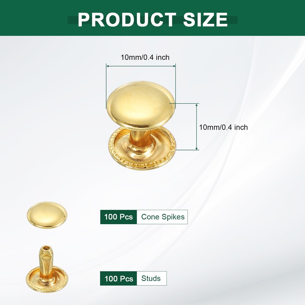 100 Sets Double Cap Leather Rivets, 10x10mm Round Cap Metal Studs, Gold